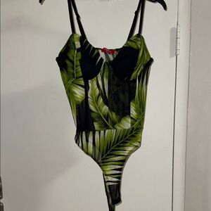 Guess Black and Green Leaf Print Top